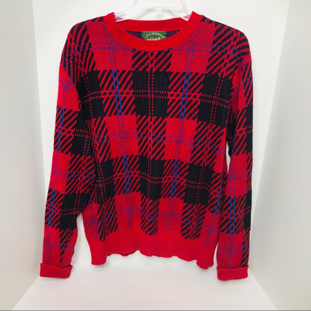 Vintage Lake Harmony Rowing Club Plaid Sweater Men's Medium Knit Cotton USA Made